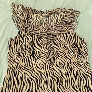 Ruffle blue/tan sleeveless blouse